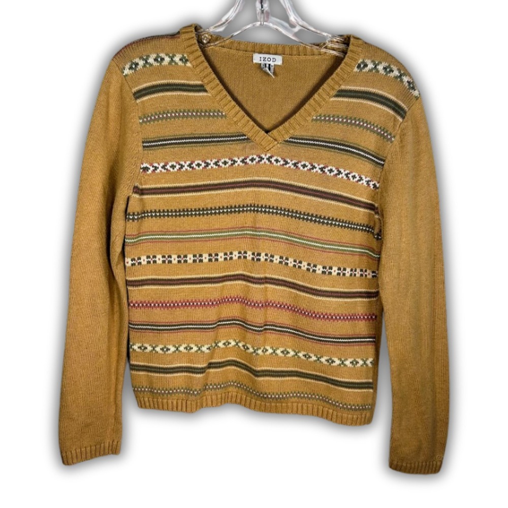 IZOD Women Camel Tan Striped Granny Cottagecore Cotton Sweater M 90s y2k Vintage